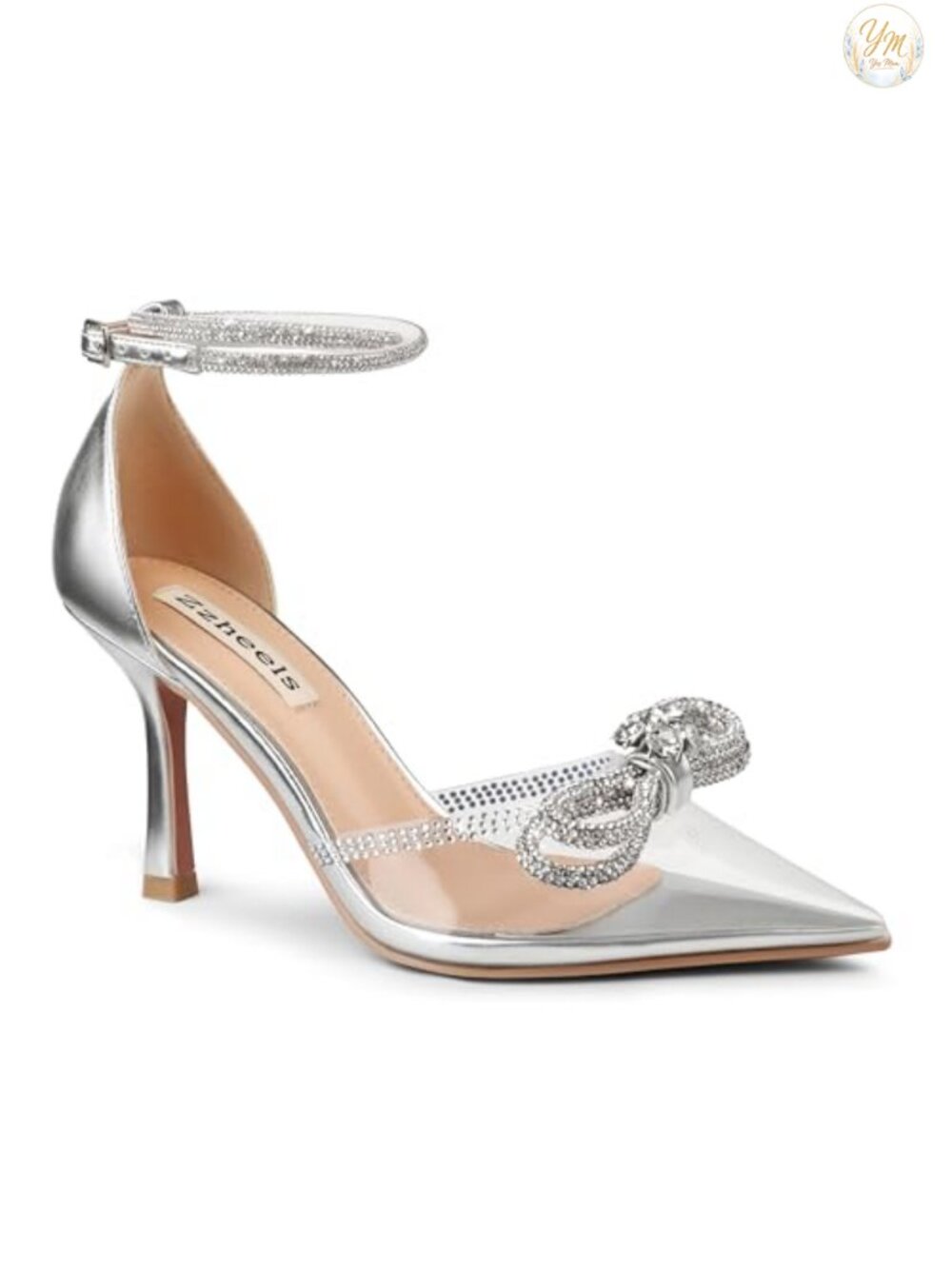 Rhinestone Bow Ankle Strap Pointed Toe Stiletto Pumps Heels